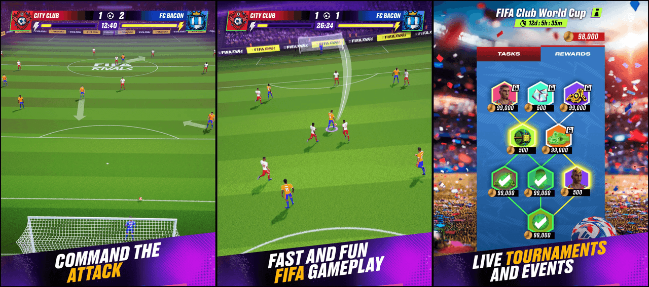 Gameplay FIFA Rivals: Hành động bóng đá trực tiếp, các trận đấu nhanh, phần thưởng và giải đấu. Người chơi điều khiển đội của mình và thu thập phần thưởng kỹ thuật số.