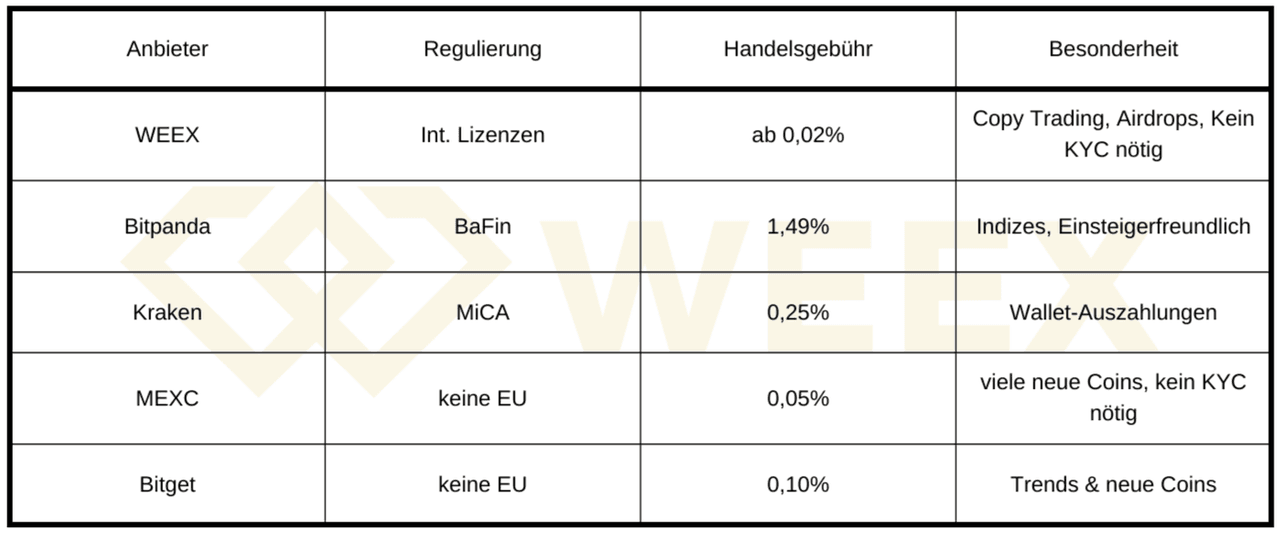 Crypto Exchange Comparison Table: WEEX, Bitpanda, Kraken, MEXC and Bitget with regulation, trading fees and special features like airdrops & launchpad.