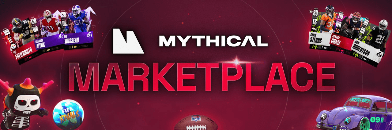 Biểu ngữ Mythical Marketplace với thẻ cầu thủ NFT từ NFL Rivals, FIFA Rivals, tài sản trong game và đồ sưu tầm kỹ thuật số cho trò chơi Web3.