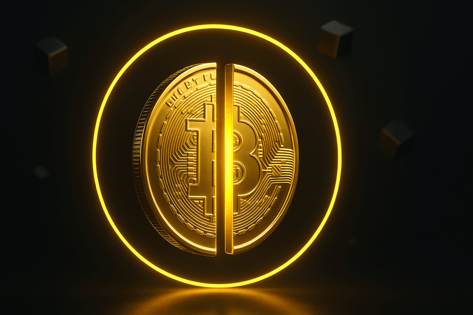Biểu tượng Bitcoin vàng với đồ họa halving phát sáng, đại diện cho Bitcoin halving như một sự kiện sốc nguồn cung trên thị trường tiền điện tử.