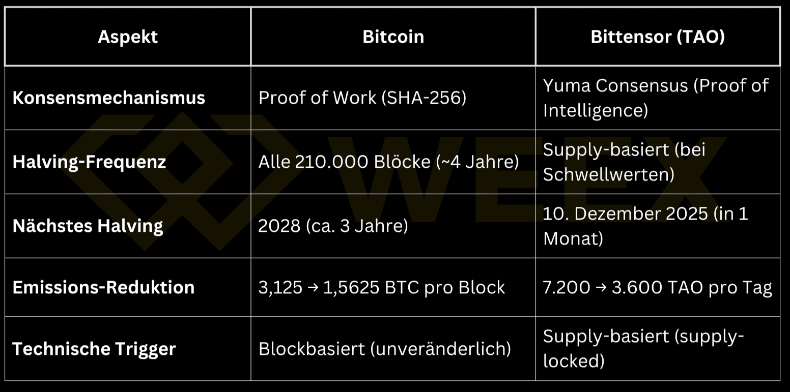 比特幣每約 4 年基於區塊減半，Bittensor 在閾值處基於供應量減半。下一次 TAO 減半：2025 年 12 月 10 日。兩者都將其發行量減少約 50%。