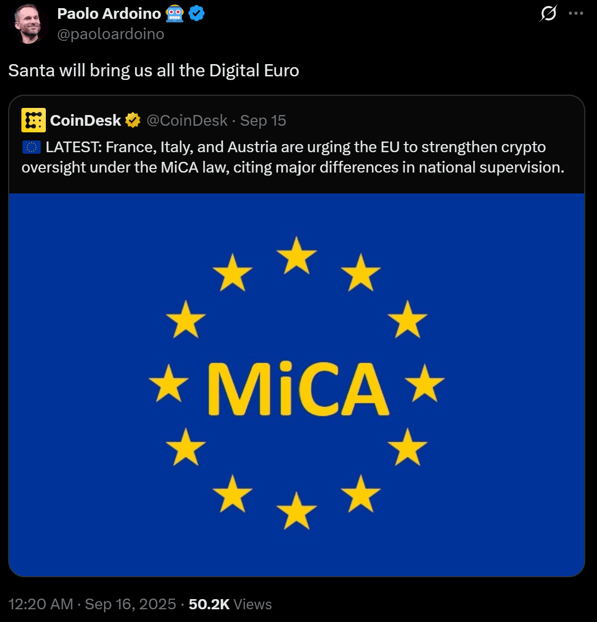 Tweet của Paolo Ardoino về “Đồng Euro kỹ thuật số” với bài đăng CoinDesk được nhúng về sự giám sát chặt chẽ hơn của MiCA; cờ EU với dòng chữ “MiCA” màu vàng.