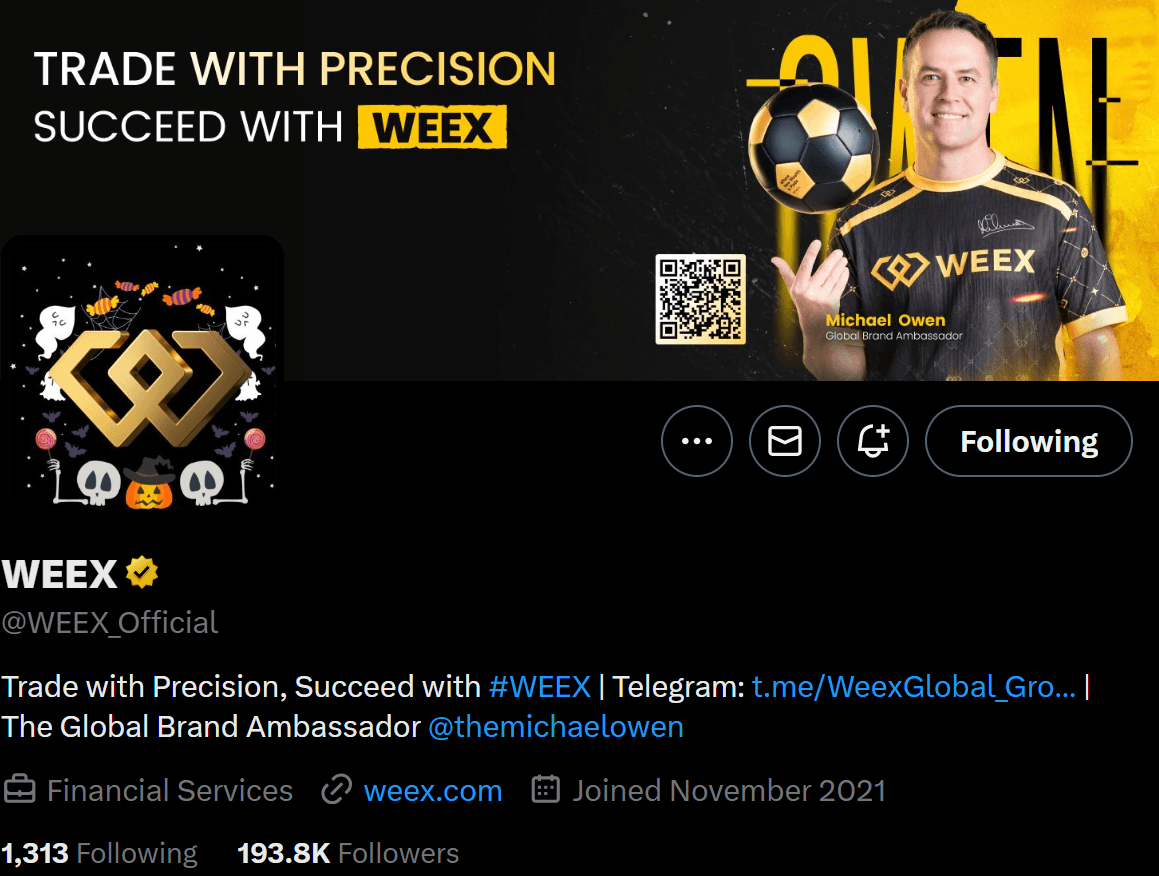 Hồ sơ Twitter của WEEX với Michael Owen mặc áo đấu WEEX và khẩu hiệu “Trade with Precision, Succeed with WEEX”. Hồ sơ hiển thị 193.8k người theo dõi.