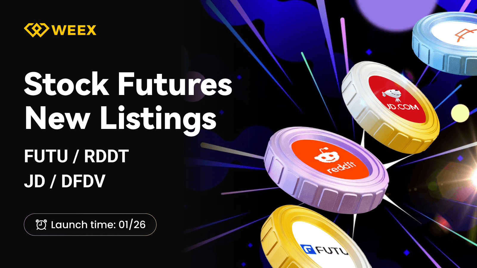 WEEX期貨新上市:FUTU、RDDT、JD 和 DFDV USDT 貨幣對