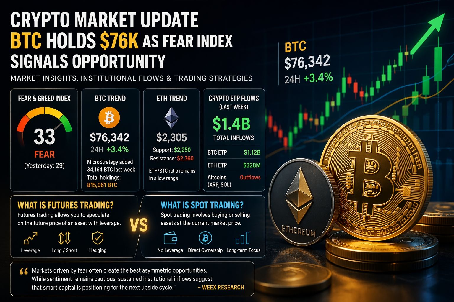 Cập nhật thị trường tiền điện tử: BTC đạt mức 76.000 USD khi chỉ số báo động sợ hãi cho thấy cơ hội — Giải thích về giao dịch hợp đồng tương lai và giao dịch giao ngay